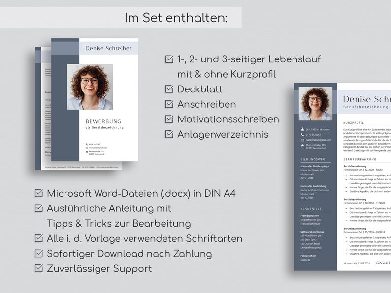 May include: A digital download of a resume template in a blue and gray color scheme. The template includes a cover letter, motivation letter, and a table of contents. The template is available in Microsoft Word format and is designed for A4 paper size.