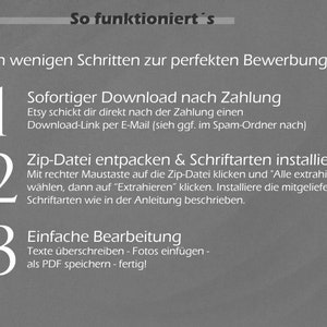 Peut inclure: Un guide en trois &eacute;tapes pour utiliser un produit num&eacute;rique, avec des &eacute;tapes num&eacute;rot&eacute;es en texte blanc sur un fond gris. &Eacute;tape 1 : "Sofortiger Download nach Zahlung" (T&eacute;l&eacute;chargement imm&eacute;diat apr&egrave;s paiement). &Eacute;tape 2 : "Zip-Datei entpacken & Schriftarten installieren" (D&eacute;compressez le fichier et installez les polices). &Eacute;tape 3 : "Einfache Bearbeitung" (Modification facile).