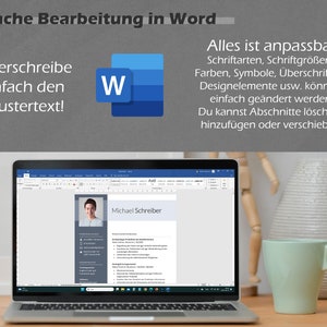 Peut inclure: Un ordinateur portable affichant un document Microsoft Word avec un exemple de CV. Le document est intitul&eacute; "Michael Schreiber" et comprend des sections pour "Ausbildung", "Berufserfahrung", "Qualifikationen", et "Kontakt". L'ordinateur portable est sur une table en bois avec une tasse verte et une figurine en bois.