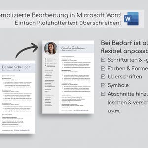 May include: A laptop computer displaying a Microsoft Word document with a resume template. The resume template is for Denise Schreiber and includes contact information, work experience, and education. The laptop is on a wooden table with a cup and a wooden figurine.