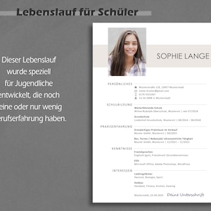 May include: A resume template designed for students, featuring a photo of a young woman, a section for personal information, education, work experience, skills, and interests. The text "Sophie Lange" is at the top of the page.