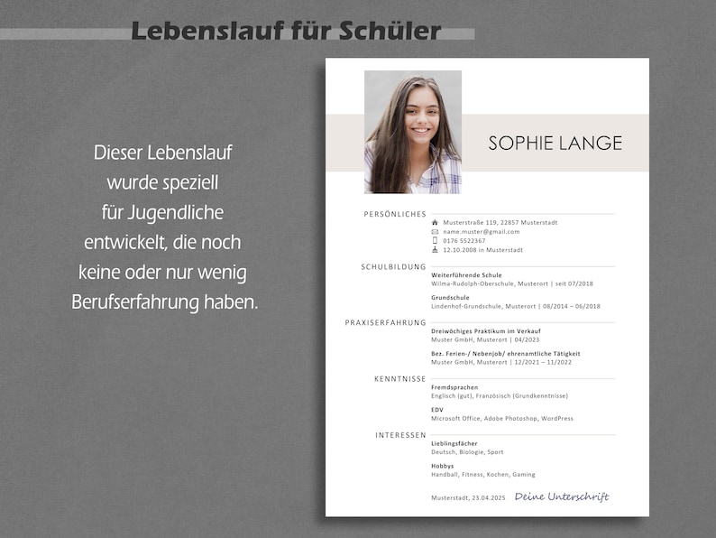 May include: A resume template designed for students, featuring a photo of a young woman, a section for personal information, education, work experience, skills, and interests. The text "Sophie Lange" is at the top of the page.