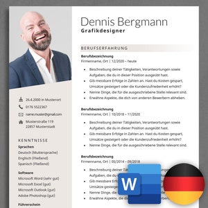 Może przedstawiać: Curriculum vitae Dennisa Bergmana, grafika. CV zawiera informacje o jego doświadczeniu zawodowym, umiejętnościach i znajomości języków. CV jest w języku niemieckim i zawiera flagę Niemiec.