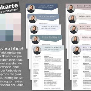 Pode incluir: Uma paleta de cores com 20 op&ccedil;&otilde;es de cores diferentes para um modelo de curr&iacute;culo. O texto diz "Farbkarte kostenlos enthalten!" que se traduz como "Paleta de cores inclu&iacute;da de gra&ccedil;a!" e "20 Farbvorschl&auml;ge!" que se traduz como "20 sugest&otilde;es de cores!" O texto tamb&eacute;m inclui instru&ccedil;&otilde;es sobre como usar a paleta de cores para mudar a cor do modelo de curr&iacute;culo.