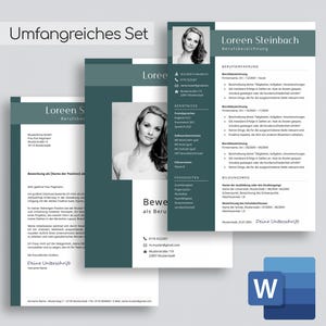 May include: A set of professional documents, including a resume and cover letter, with a teal and white color scheme. The documents feature a headshot of a woman and the text "Loreen Steinbach" and "Umfangreiches Set". A Microsoft Word icon is in the lower right.