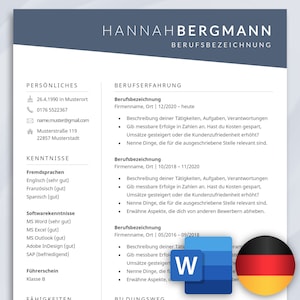 Puede incluir: Una plantilla de currículum en alemán con una bandera alemana azul, blanca y roja en la esquina inferior derecha. El currículum está formateado con encabezados para información personal, habilidades y experiencia laboral. El texto está en alemán.