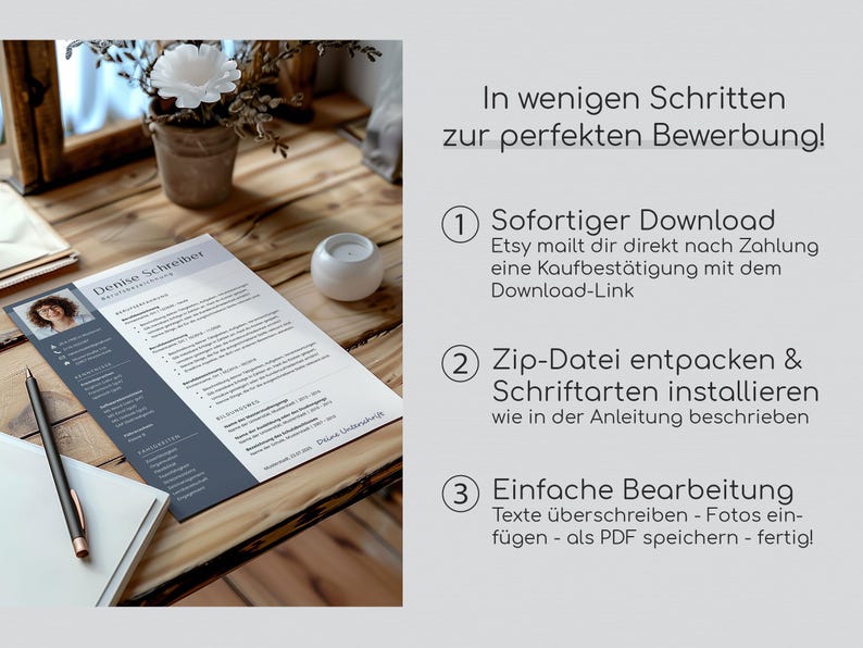 May include: A three-step guide to using a digital product, with numbered steps in white text on a gray background. Step 1: "Sofortiger Download nach Zahlung" (Immediate Download after Payment). Step 2: "Zip-Datei entpacken & Schriftarten installieren" (Unzip the file and install the fonts). Step 3: "Einfache Bearbeitung" (Easy Editing).