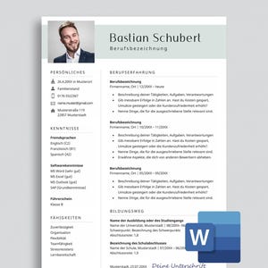 Może przedstawiać: Szablon CV z imieniem i nazwiskiem "Bastian Schubert" na górze, zdjęciem oraz sekcjami na dane osobowe, umiejętności i doświadczenie zawodowe. Ikona Microsoft Word znajduje się w prawym dolnym rogu.