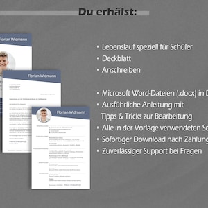 Op de afbeelding: Een blauw en wit document met de tekst "Du erh&auml;lst:" en een lijst met items die zijn inbegrepen in een cv-sjabloonpakket voor studenten. De items omvatten een cv, een sollicitatiebrief en een handleiding voor het gebruik van het sjabloon.