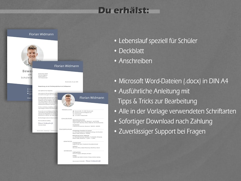 Op de afbeelding: Een blauw en wit document met de tekst "Du erh&auml;lst:" en een lijst met items die zijn inbegrepen in een cv-sjabloonpakket voor studenten. De items omvatten een cv, een sollicitatiebrief en een handleiding voor het gebruik van het sjabloon.