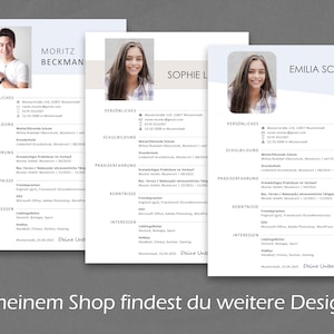 Op de afbeelding: Drie cv-sjablonen met een foto van een persoon bovenaan. De tekst op de cv is in het Duits. De tekst bevat de namen Moritz Beckman, Sophie L en Emilia Scholz.