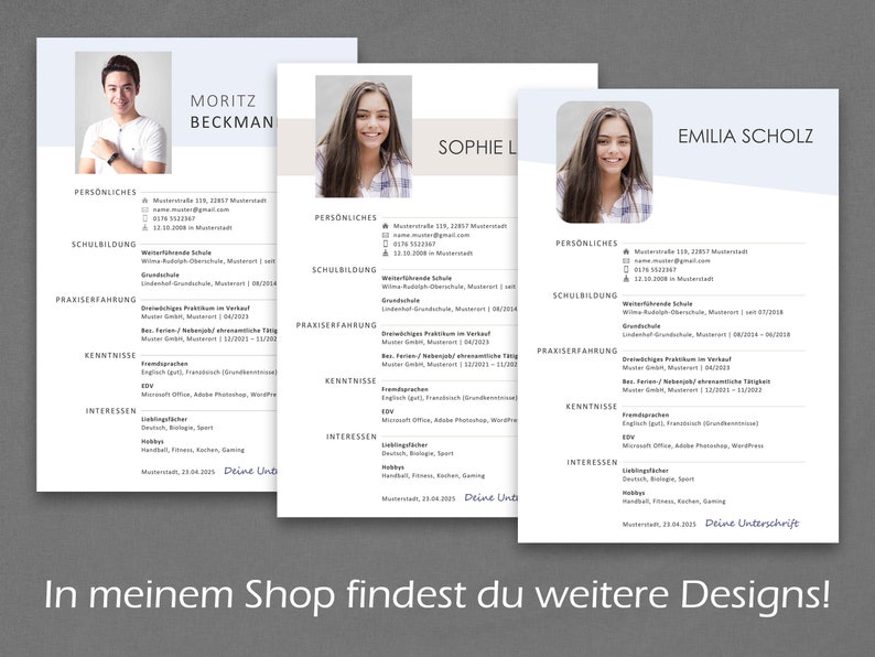 Op de afbeelding: Drie cv-sjablonen met een foto van een persoon bovenaan. De tekst op de cv is in het Duits. De tekst bevat de namen Moritz Beckman, Sophie L en Emilia Scholz.