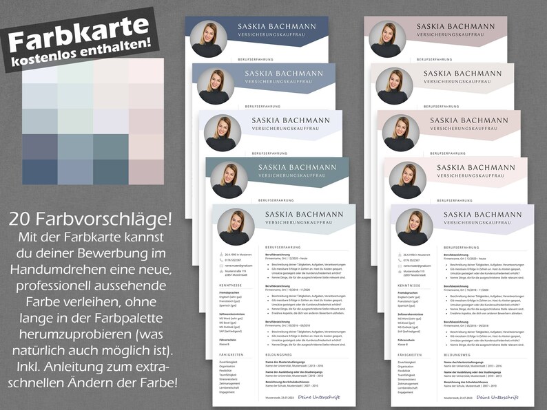 Pu&ograve; includere: Una tavolozza di colori con 20 diverse opzioni di colore per un modello di curriculum. Il testo recita "Farbkarte kostenlos enthalten!" che si traduce in "Tavolozza di colori inclusa gratuitamente!" e "20 Farbvorschl&auml;ge!" che si traduce in "20 suggerimenti di colori!" Il testo include anche istruzioni su come utilizzare la tavolozza di colori per modificare il colore del modello di curriculum.