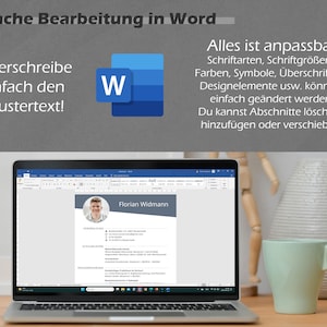 Op de afbeelding: Een laptopcomputer die een Microsoft Word-document weergeeft met een cv-sjabloon. Het cv-sjabloon is voor Florian Widmann en bevat contactgegevens, opleiding en werkervaring. Het document is geopend in Microsoft Word, dat wordt weergegeven door het blauwe en witte "W"-pictogram in de linkerbovenhoek van het scherm.