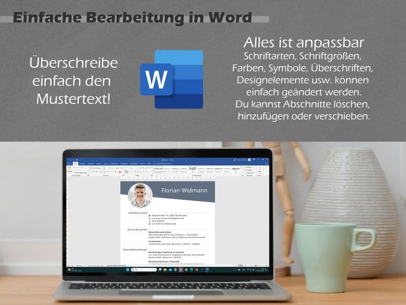 Op de afbeelding: Een laptopcomputer die een Microsoft Word-document weergeeft met een cv-sjabloon. Het cv-sjabloon is voor Florian Widmann en bevat contactgegevens, opleiding en werkervaring. Het document is geopend in Microsoft Word, dat wordt weergegeven door het blauwe en witte "W"-pictogram in de linkerbovenhoek van het scherm.