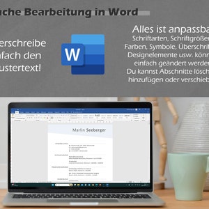 Pu&ograve; includere: Un computer portatile che mostra un documento Microsoft Word con il testo "Marlin Seeberger" in alto. Il documento &egrave; un curriculum con intestazioni per "Esperienza lavorativa", "Istruzione", "Competenze" e "Premi". Il laptop &egrave; su un tavolo di legno con una tazza verde e una statuetta di legno.