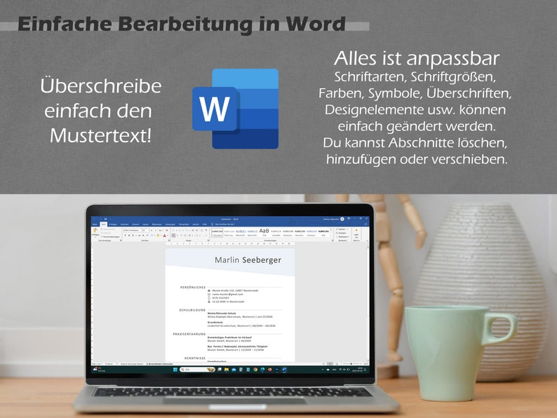 Pu&ograve; includere: Un computer portatile che mostra un documento Microsoft Word con il testo "Marlin Seeberger" in alto. Il documento &egrave; un curriculum con intestazioni per "Esperienza lavorativa", "Istruzione", "Competenze" e "Premi". Il laptop &egrave; su un tavolo di legno con una tazza verde e una statuetta di legno.
