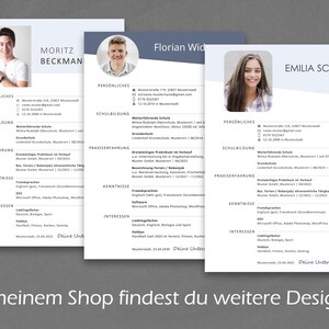 May include: Three blue and white resume templates with a photo of each person at the top. The text on the resume includes personal information, education, work experience, skills, and interests. The text at the bottom of the resume says "In meinem Shop findest du weitere Designs!"