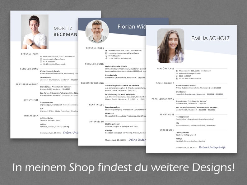 May include: Three blue and white resume templates with a photo of each person at the top. The text on the resume includes personal information, education, work experience, skills, and interests. The text at the bottom of the resume says "In meinem Shop findest du weitere Designs!"