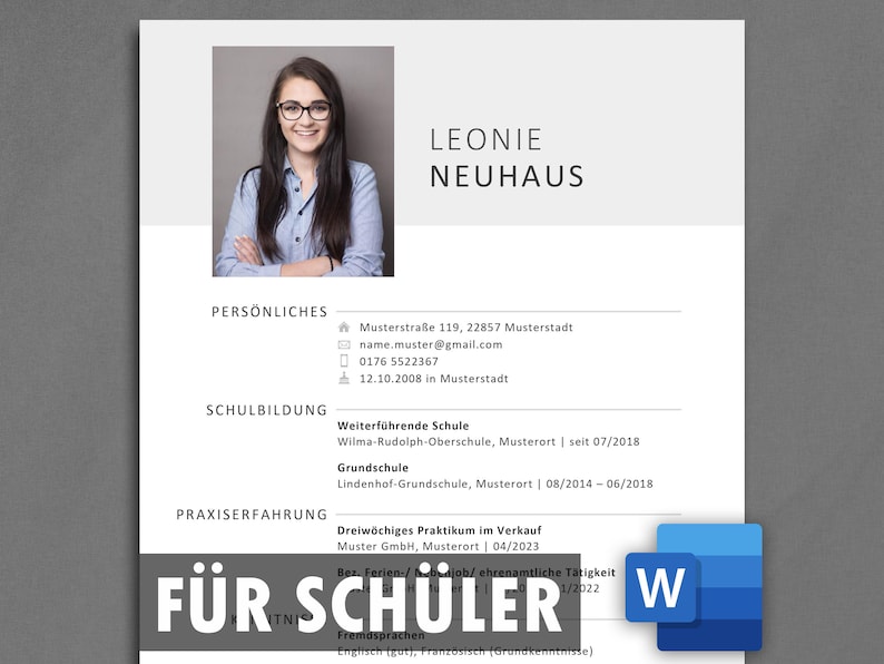 Pode incluir: Um modelo de curr&iacute;culo para estudantes, com uma foto de uma jovem, o texto "LEONIE NEUHAUS" e o cabe&ccedil;alho "F&Uuml;R SCH&Uuml;LER" em negrito, letras azuis. O modelo inclui se&ccedil;&otilde;es para informa&ccedil;&otilde;es pessoais, educa&ccedil;&atilde;o e experi&ecirc;ncia profissional.