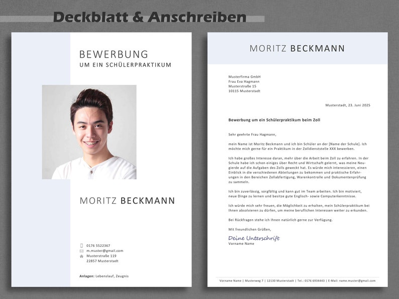 Pode incluir: Um modelo de curr&iacute;culo com uma foto de um jovem, o texto "MORITZ BECKMANN" e o cabe&ccedil;alho "BEWERBUNG UM EIN SCH&Uuml;LERPRAKTIKUM".