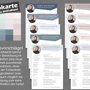 May include: A color palette with 20 different color options for a resume template. The text reads "Farbkarte kostenlos enthalten!" which translates to "Color chart included for free!" and "20 Farbvorschl&auml;ge!" which translates to "20 color suggestions!" The text also includes instructions on how to use the color chart to change the color of the resume template.