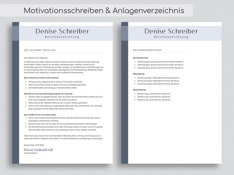May include: A black and white document with the title "Motivationsschreiben & Anlagenverzeichnis" and the name "Denise Schreiber" at the top. The document is a cover letter and includes a list of attachments.