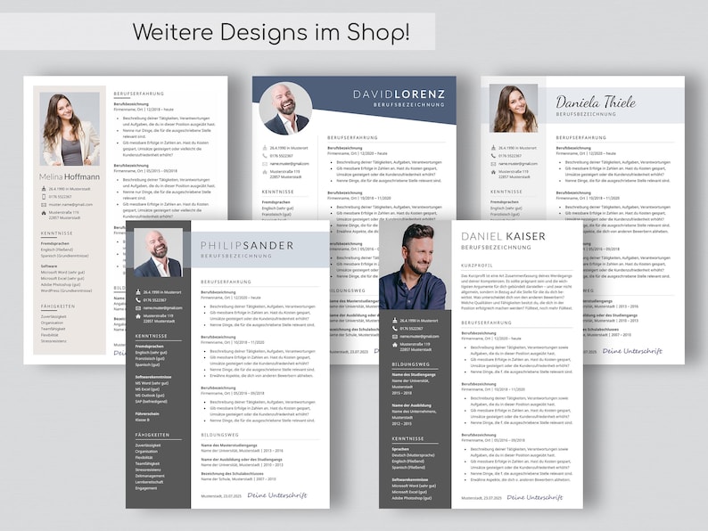 May include: Five different resume templates with a gray and white color scheme. Each template features a headshot of a person and a section for their professional information.