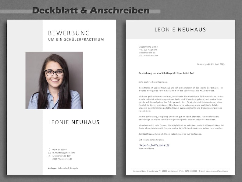Pode incluir: Um modelo de curr&iacute;culo vitae em preto e branco com uma foto de uma mulher usando &oacute;culos. O curr&iacute;culo &eacute; para Leonie Neuhaus e inclui suas informa&ccedil;&otilde;es de contato e uma carta de apresenta&ccedil;&atilde;o para um est&aacute;gio estudantil no escrit&oacute;rio de alf&acirc;ndega.