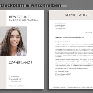 May include: A light gray and white cover letter template with the text "Deckblatt & Anschreiben" at the top. The cover letter is for a student internship application. The text "Bewerbung um ein Sch&uuml;lerpraktikum" is in a black box at the top of the page. The text "Sophie Lange" is at the top of the page and again at the bottom of the page. The cover letter is addressed to "Frau Hagmann" and is dated "Musterstadt, 28. Juni 2023".