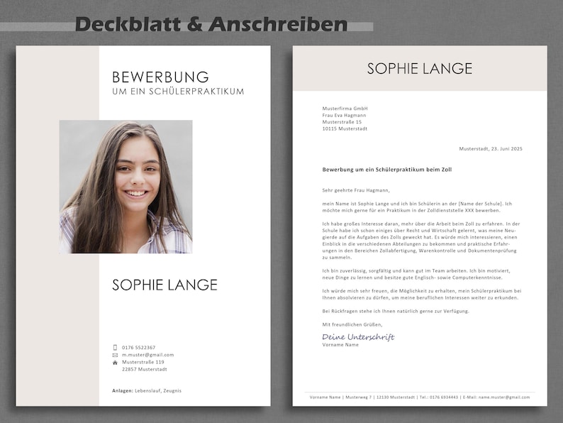 May include: A light gray and white cover letter template with the text "Deckblatt & Anschreiben" at the top. The cover letter is for a student internship application. The text "Bewerbung um ein Sch&uuml;lerpraktikum" is in a black box at the top of the page. The text "Sophie Lange" is at the top of the page and again at the bottom of the page. The cover letter is addressed to "Frau Hagmann" and is dated "Musterstadt, 28. Juni 2023".