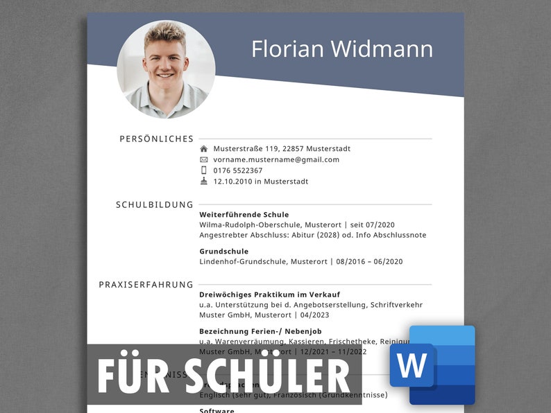 Op de afbeelding: Een cv-sjabloon voor een student, met een foto van een jonge man, contactgegevens en een lijst met opleiding en werkervaring. De tekst "F&Uuml;R SCH&Uuml;LER" is zichtbaar in de rechterbenedenhoek.