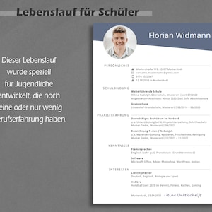 Op de afbeelding: Een cv-sjabloon ontworpen voor studenten met beperkte werkervaring. Het sjabloon bevat secties voor persoonlijke informatie, opleiding, werkervaring, vaardigheden en interesses. Het sjabloon is in het Duits en bevat de tekst "Lebenslauf f&uuml;r Sch&uuml;ler" (cv voor studenten).