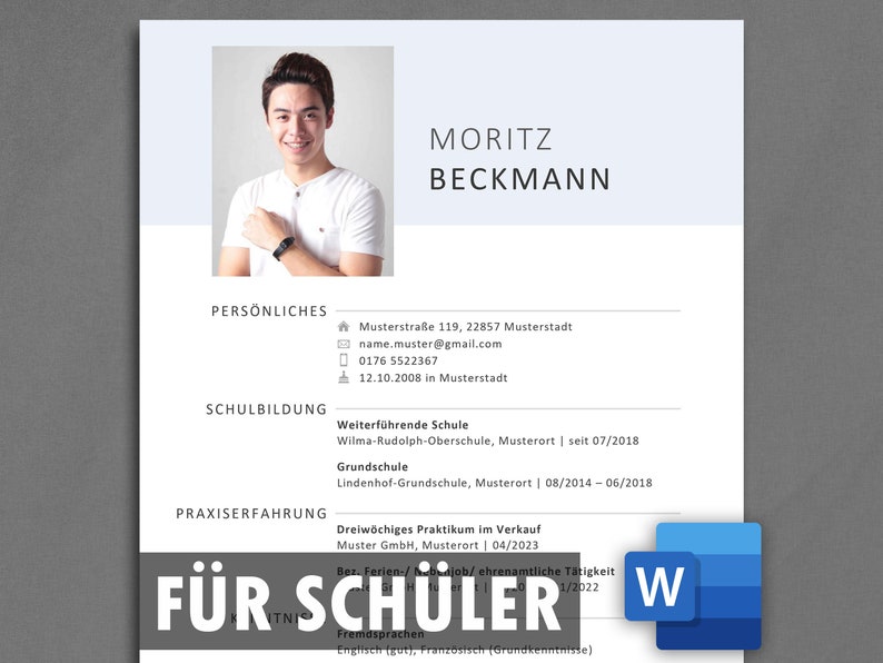 Pode incluir: Um modelo de curr&iacute;culo com o nome Moritz Beckmann no topo. O curr&iacute;culo inclui informa&ccedil;&otilde;es pessoais, educa&ccedil;&atilde;o e experi&ecirc;ncia profissional. O texto "F&Uuml;R SCH&Uuml;LER" &eacute; vis&iacute;vel na parte inferior da p&aacute;gina.