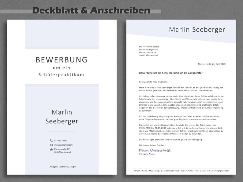 Pu&ograve; includere: Una lettera di presentazione per una candidatura. La lettera &egrave; scritta in tedesco ed &egrave; indirizzata a Frau Hagmann. La lettera &egrave; datata Musterstadt, 28 giugno 2010. La lettera &egrave; di Marlin Seeberger ed &egrave; per uno stage studentesco come agente doganale.