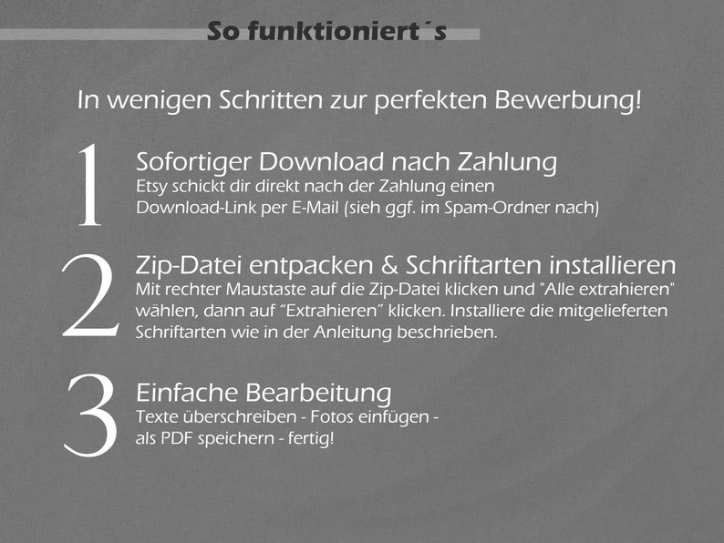 Peut inclure: Un guide en trois &eacute;tapes pour utiliser un produit num&eacute;rique, avec les &eacute;tapes num&eacute;rot&eacute;es 1, 2 et 3. Les &eacute;tapes sont&nbsp;: 1. T&eacute;l&eacute;charger apr&egrave;s le paiement, 2. D&eacute;compresser et installer les polices, et 3. Modifier et enregistrer au format PDF.