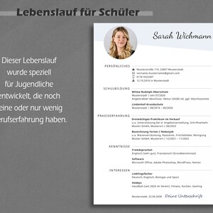 May include: A resume template designed for young people with limited work experience. The template includes sections for personal information, education, work experience, skills, and interests. The template is in German.