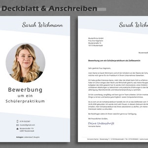 May include: A resume template with a blue and white color scheme. The template features a headshot of a woman, a section for contact information, and a section for a cover letter. The text on the resume reads "Sarah Wichmann" and "Bewerbung um ein Sch&uuml;lerpraktikum".