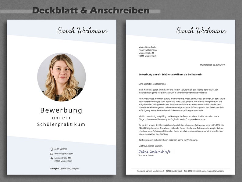 May include: A resume template with a blue and white color scheme. The template features a headshot of a woman, a section for contact information, and a section for a cover letter. The text on the resume reads "Sarah Wichmann" and "Bewerbung um ein Sch&uuml;lerpraktikum".