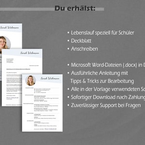 May include: A digital download of a resume template for students. The template includes a cover letter, resume, and instructions for use. The template is designed for Microsoft Word and is in DIN A4 format.