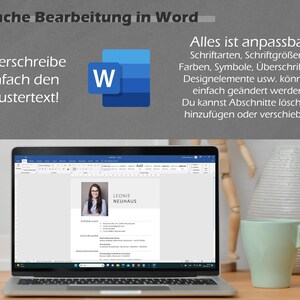 Pode incluir: Um computador port&aacute;til a exibir um documento Microsoft Word com um modelo de curr&iacute;culo. O modelo de curr&iacute;culo tem uma foto de uma mulher, o texto "LEONIE NEUHAUS" e t&iacute;tulos para "Ausbildung", "Berufserfahrung" e "Praktika".