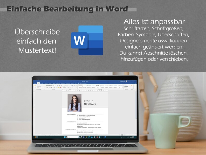 Pode incluir: Um computador port&aacute;til a exibir um documento Microsoft Word com um modelo de curr&iacute;culo. O modelo de curr&iacute;culo tem uma foto de uma mulher, o texto "LEONIE NEUHAUS" e t&iacute;tulos para "Ausbildung", "Berufserfahrung" e "Praktika".