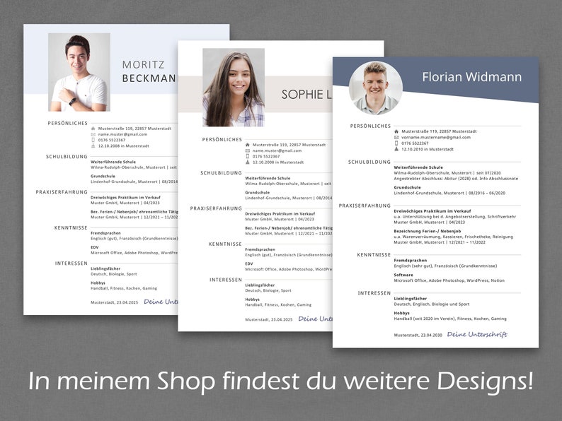 Peut inclure: Trois mod&egrave;les de CV avec une photo, des informations personnelles, des &eacute;tudes, une exp&eacute;rience professionnelle, des comp&eacute;tences et des int&eacute;r&ecirc;ts. Les mod&egrave;les sont dans un style moderne et minimaliste avec une palette de couleurs bleue, grise et blanche.