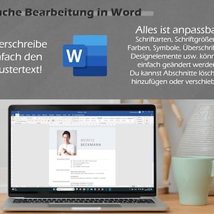 Pode incluir: Um computador port&aacute;til que exibe um documento do Microsoft Word com um curr&iacute;culo de amostra. O curr&iacute;culo &eacute; para Moritz Beckmann e inclui se&ccedil;&otilde;es para educa&ccedil;&atilde;o, experi&ecirc;ncia profissional e habilidades. O computador port&aacute;til est&aacute; em uma mesa de madeira com uma caneca verde e um vaso.