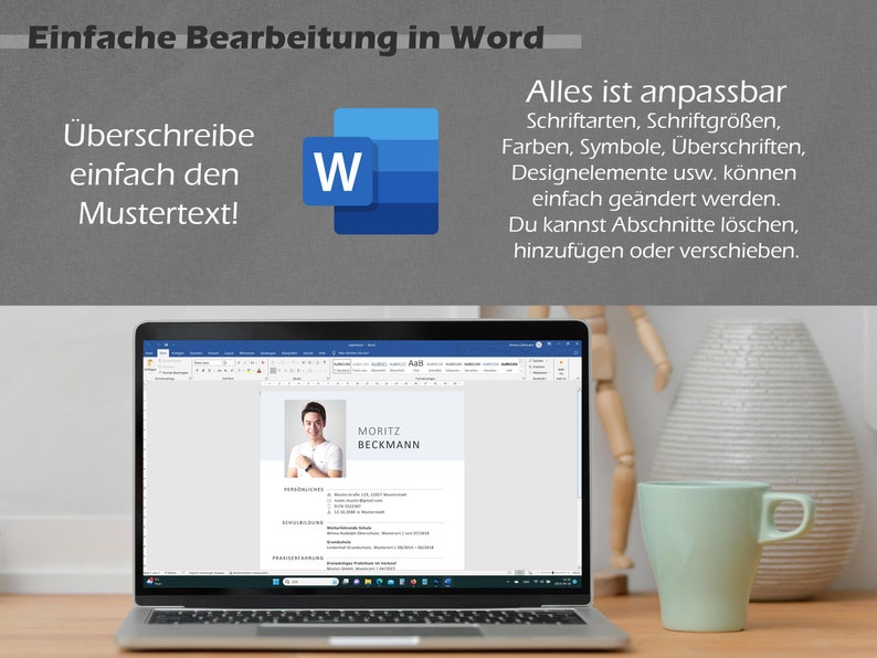 Pode incluir: Um computador port&aacute;til que exibe um documento do Microsoft Word com um curr&iacute;culo de amostra. O curr&iacute;culo &eacute; para Moritz Beckmann e inclui se&ccedil;&otilde;es para educa&ccedil;&atilde;o, experi&ecirc;ncia profissional e habilidades. O computador port&aacute;til est&aacute; em uma mesa de madeira com uma caneca verde e um vaso.