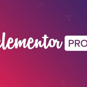May include: A digital graphic with a gradient background of red and purple hues. The white text "elementor" is in a cursive font, with "PRO" in a white box. Various small icons are scattered around the edges.