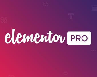 May include: A digital graphic with a gradient background of red and purple hues. The white text "elementor" is in a cursive font, with "PRO" in a white box. Various small icons are scattered around the edges.