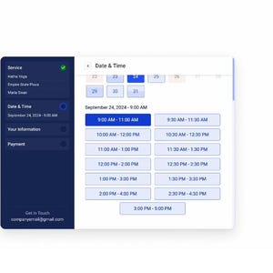 Puede incluir: Interfaz digital para programar servicios, con una barra lateral azul oscuro y un panel principal blanco. La interfaz muestra opciones de fecha y hora, con franjas horarias resaltadas. La barra lateral incluye opciones de servicio y contacto.