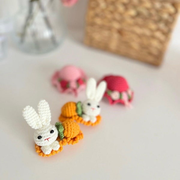 Bunny & Carrot Crochet Clip (Option) Baby Infant Girl Toddler, Amigurumi Rabbit Hair Accessories, Crochet Rabbit Hairpins, 3D Bunny Hairclip