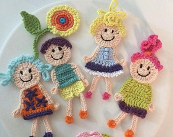 Set Of 4 Crochet Girl Motif, Crochet Boy Applique Design, Boys Motif Appliques, Baby Girls Appliques, Blond Hair Girl Motif, Sewing